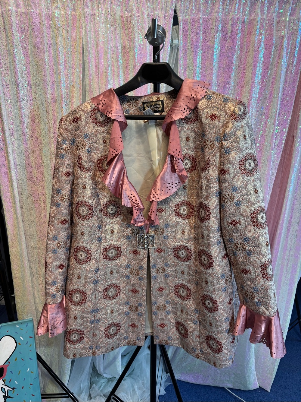 Champagne Pink-Rose Brocade Jacket with Scalloped Ruffle Collar Coquette